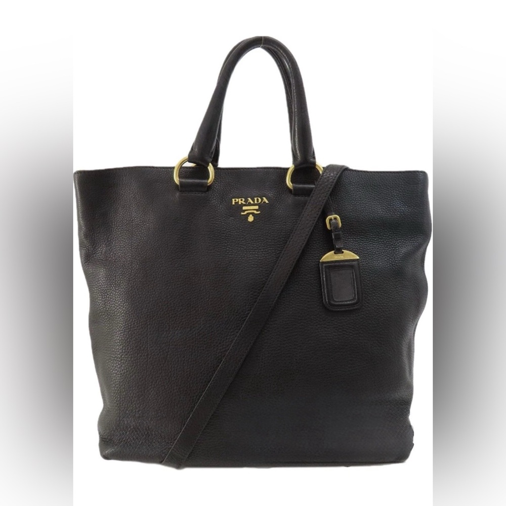 Black PRADA Large Leather Convertible Shopping Tote Vitello Daino BN1713 Strap - Picture 2 of 9